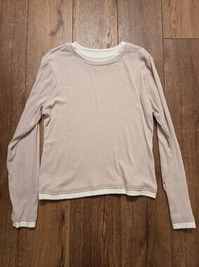 Scoop Women's Long Sleeve Layered Ribbed Tee Light Beige and White